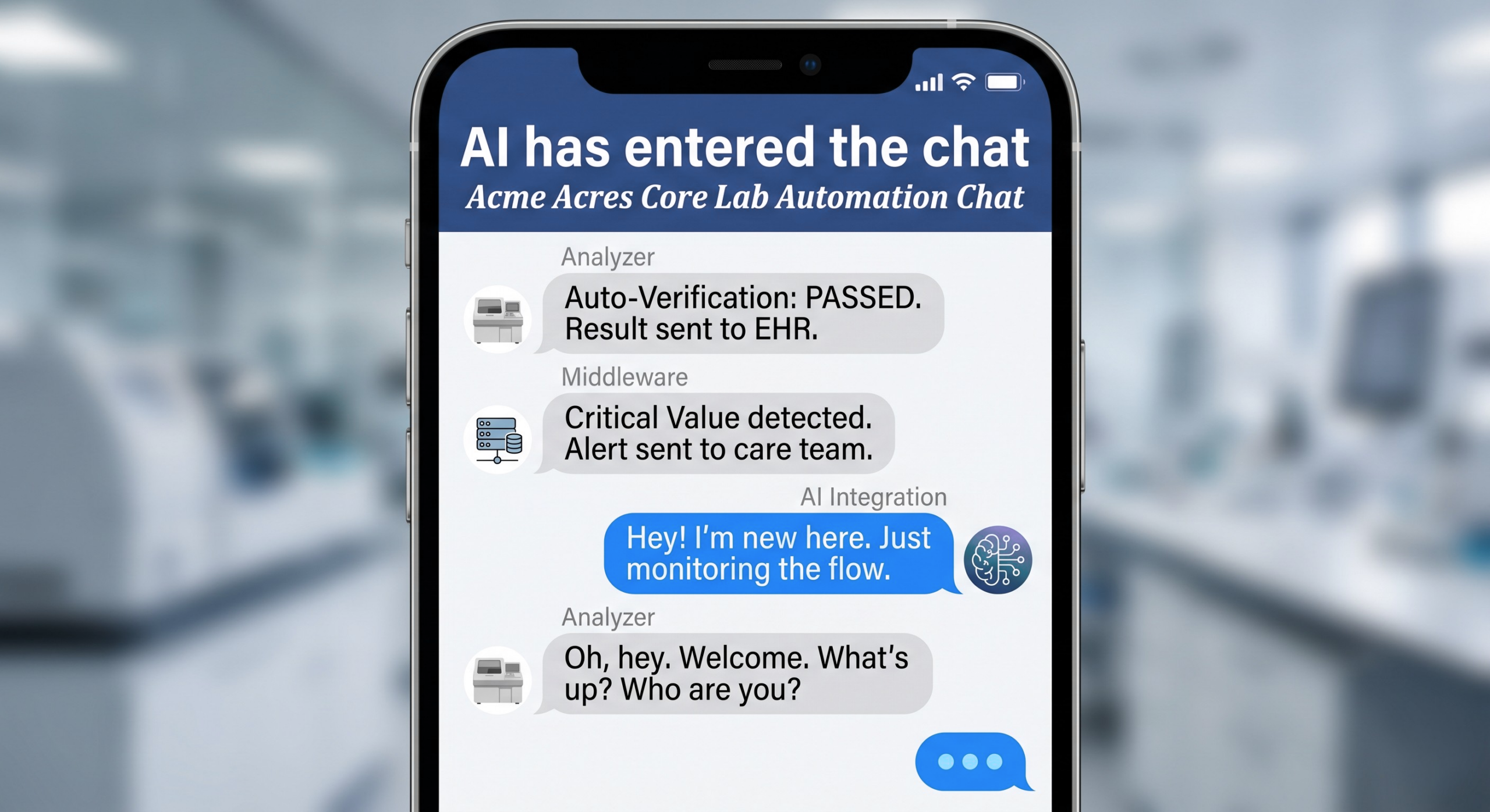 Smartphone mockup showing a lab automation group chat where AI Integration enters the conversation between Analyzer and Middleware systems.