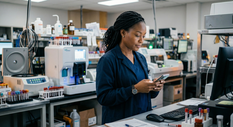 Clinical laboratory professional using a smartphone at a lab bench at night, representing shadow AI use in healthcare settings