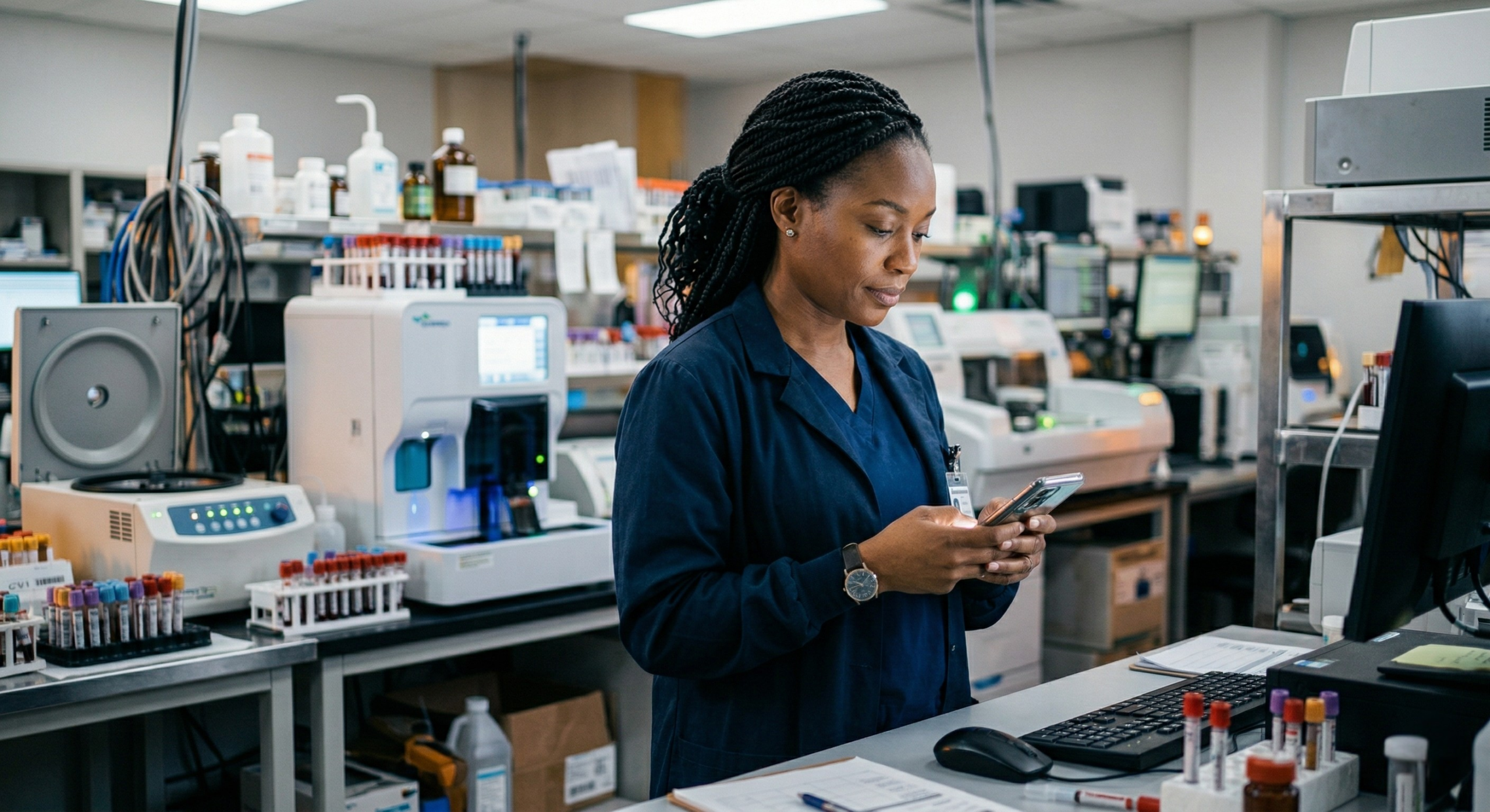 Clinical laboratory professional using a smartphone at a lab bench at night, representing shadow AI use in healthcare settings