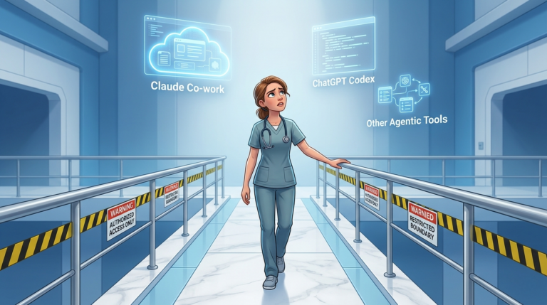 A healthcare professional in scrubs walks a corridor flanked by guardrails marked 'Authorized Access Only' and 'Restricted Boundary,' while agentic AI tools including Claude Cowork and ChatGPT Codex glow just out of reach overhead.