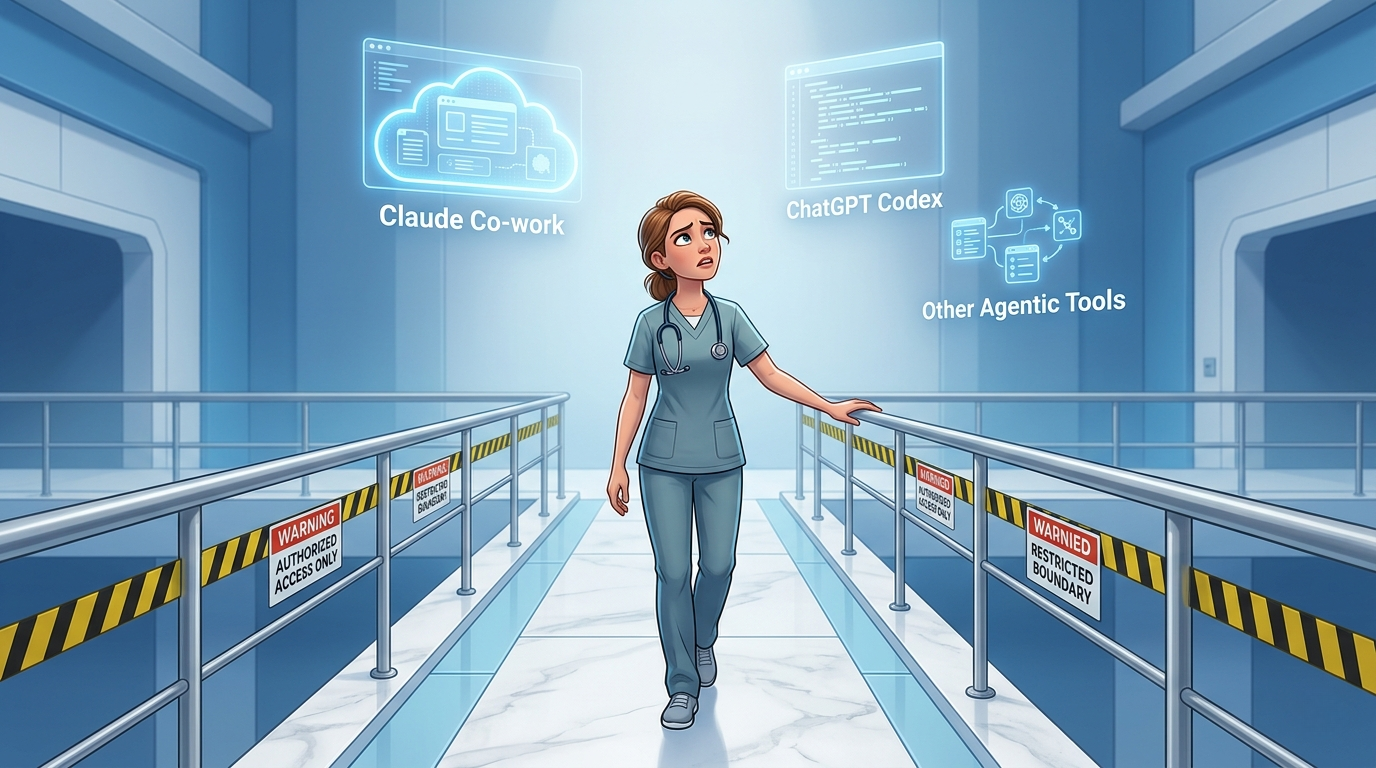 A healthcare professional in scrubs walks a corridor flanked by guardrails marked 'Authorized Access Only' and 'Restricted Boundary,' while agentic AI tools including Claude Cowork and ChatGPT Codex glow just out of reach overhead.